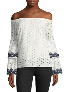 BAILEY 44 OFF-THE-SHOULDER TIERED BELL SLEEVE PHLOX EYELET TOP peasant blouse
